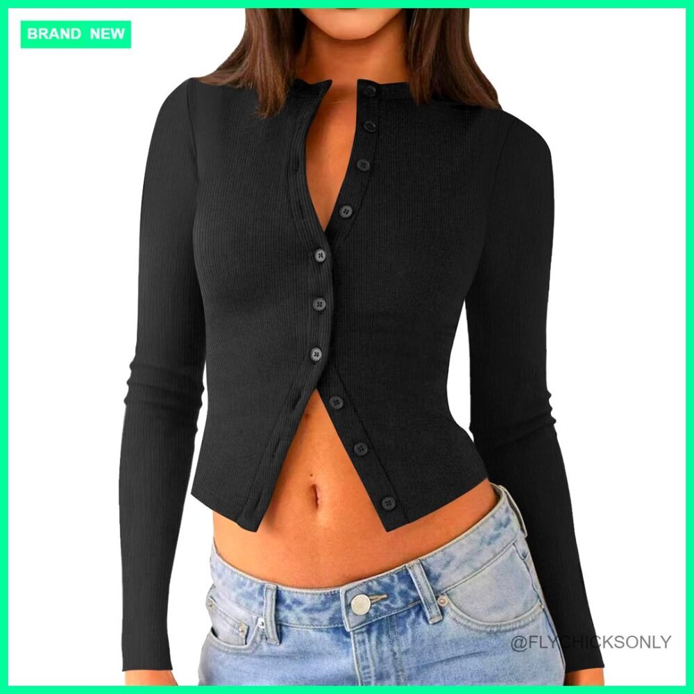 Long Sleeve Cropped Cardigan Ribbed Button Down Slim Fit Polyester Spandex